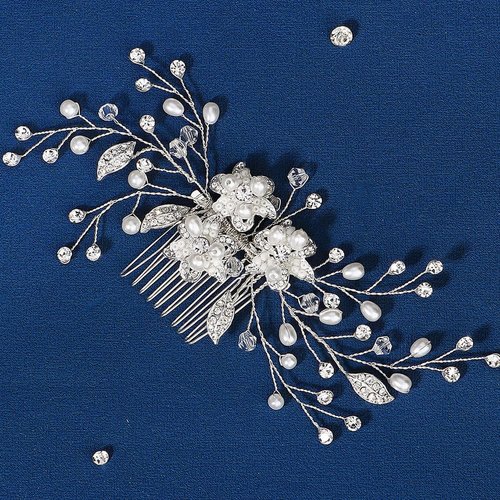 Missgrace Bride Flower Wedding Silver Hair Side Comb Pearl Hair Comb Rhinestone Crystal Headpiece Leaf Bridal Hair Accessories for Women