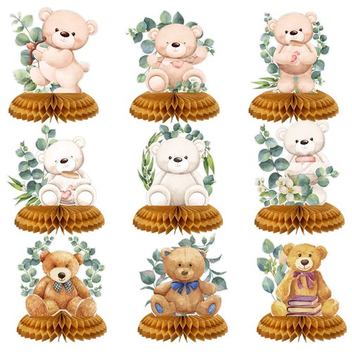 Kajaia 9 Pieces Bear Baby Shower Honeycomb Centerpieces Paper Bear Table Decorations Bear Baby Sh...