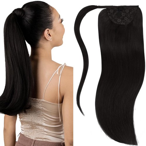 Lacerhair Real Human Hair Ponytail Extension Natural Black 22 Inch Wrap Around Long Ponytail Hair Extensions Remy Human Hair 90g/set Hair Pieces for Women