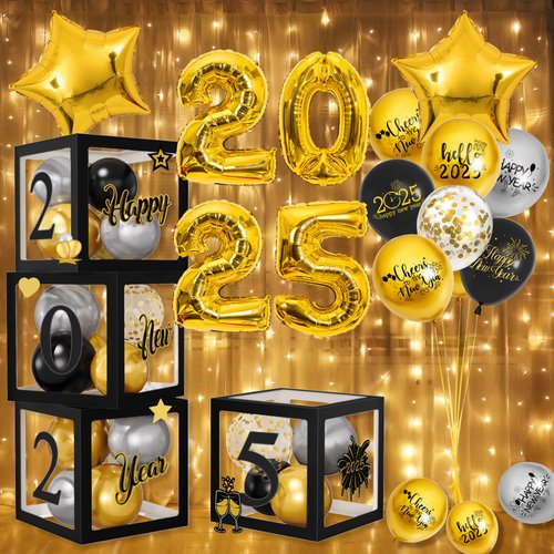 New Years Eve Party Decorations Balloon Boxes Supplies 2025, 4Pcs New Year Boxes Star Foil Balloons Black and Gold Balloons, Letters Numbers, Firework Stickers for New Year Eve Party Supplies