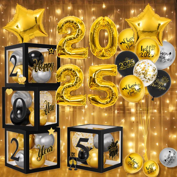 New Years Eve Party Decorations Balloon Boxes Supplies 2025, 4Pcs New Year Boxes Star Foil Balloons Black and Gold Balloons, Letters Numbers, Firework Stickers for New Year Eve Party Supplies