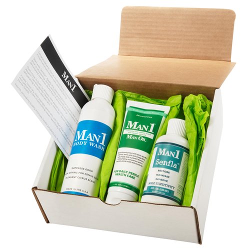 Man1 Collection - Man Oil, Senfla and Body Wash - Gift For Him. His Anniversary, His Birthday, Down There Health Care, Includes Three Full Size Intimate Care Products