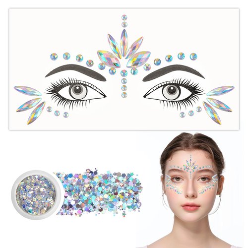Mermaid Face Gems Jewels Stick on with Body Glitter, Rhinestone Face Jewels Mermaid Costume for Adult Women, Crystal Eye Gems Makeup Temporary Tattoos Stickers Halloween Festival Rave Accessories