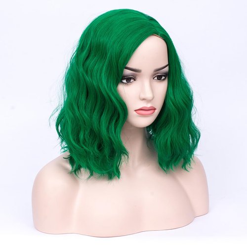 MAGQOO Green Wig for Women Emerald Green Bob Wig Short Curly Wavy Green Wigs Side Part Synthetic Heat Resistant Cosplay Costume Party Wigs (Emerald Green)