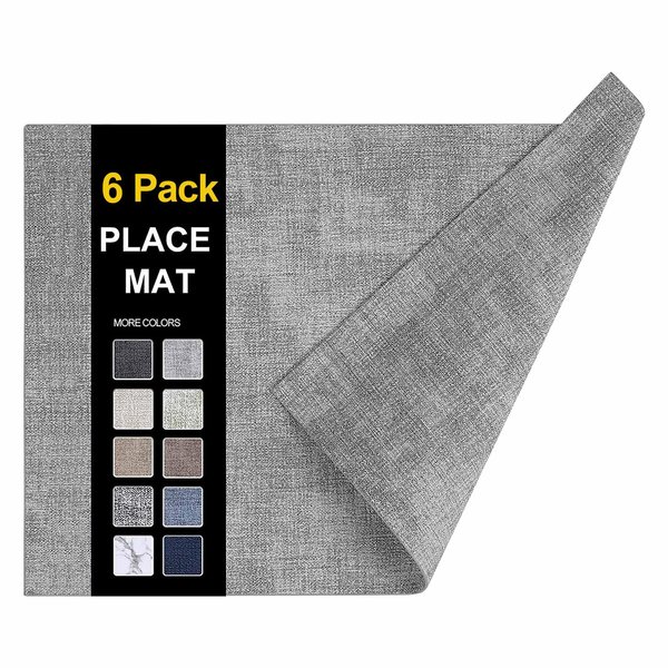 homing Faux Leather Heat Resistant Placemats Set of 6 – Waterproof Wipeable Dining PU Place Mats for Indoor & Outdoor, Easy to Clean - Light Grey