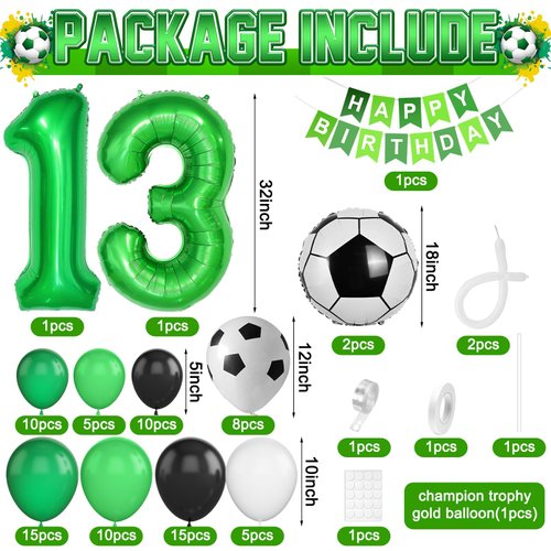 13th Birthday Soccer Balloons Arch,13th Soccer Garland Kit with Green Number 13 Balloon Football Balloons Soccer Mylar Foil Balloons for Boys Kids 13th Birthday Soccer Theme Party Decorations