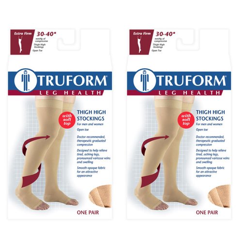 Truform 30-40 mmHg Compression Stockings for Men and Women, Thigh High Length, Open Toe, Medium, 2 Count