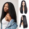 BEAUTY FLAG 13x4 Black Kinky Straight Lace Front Wigs for Women Synthetic Long Yaki Straight Lace Front Wig Long Black Wig For Black Women 24 Inch(Black)