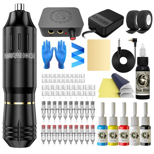 Tattoo Gun Kit, Wormhole Tattoo Machine Kit Tattoo Pen Kit Complete Tattoo Kit Rotary Tattoo Machine Kit 10 Cartridge Needles 8 Tattoo Ink 40 Tattoo Ink Caps for Beginner WTK085