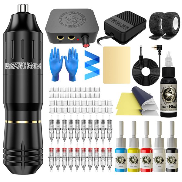 Tattoo Gun Kit, Wormhole Tattoo Machine Kit Tattoo Pen Kit Complete Tattoo Kit Rotary Tattoo Machine Kit 10 Cartridge Needles 8 Tattoo Ink 40 Tattoo Ink Caps for Beginner WTK085