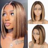 DÉBUT Short Bob Ombre Highlight Blonde Brown Lace Front Wigs Human Hair Wigs Middle Part Wigs Brazilian Virgin Straight Hair 13x4x1 T Part Wigs for Black Women Piano Color 10 Inches