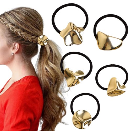mdgfge 5Pcs Metal Hair Tie Ponytail Hair Cuff Gold Ponytail Cuff Metal Geometric Elastic Hair Ties Different Pattern Design Fashion Hair Accessories for Women Thin Thick Daily Use