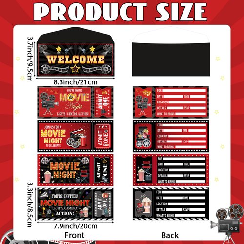 gisgfim 80PCS Movie Night Party Invitations with Envelopes Movie Night Theater Fill In Black Invites Red Carpet Invitations Popcorn VIP Movie Party Ticket Invitations for Birthday Baby Shower Supplies