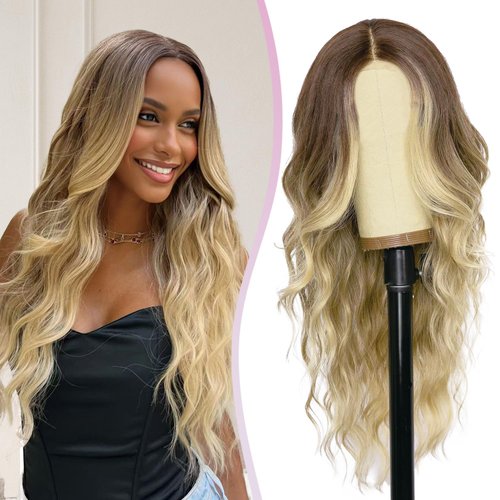 L'veetie 26 Inch Long Ombre Blonde Synthetic Wigs, Highlight Body Wave Wigs For Women, Glueless Middle Part Wig With Dark Roots, Natural Looking Blond Wig for Daily Party Use