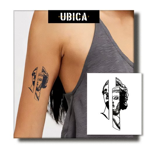 UBICA Temporary Tattoos Adult, 2 Sheets Fake Tattoos, Realistic And Long-Lasting Non-Reflective, Waterproof For 1-2 Weeks, Split Face Tattoo 3.5x3.8in