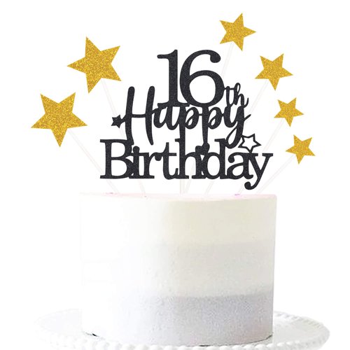 Pargleev Glittery 16th Happy Birthday Cake Topper with Star,Personalised 16 Birthday Cake Toppers Party Decorations Party Supplies for Boys Girls Black Gold