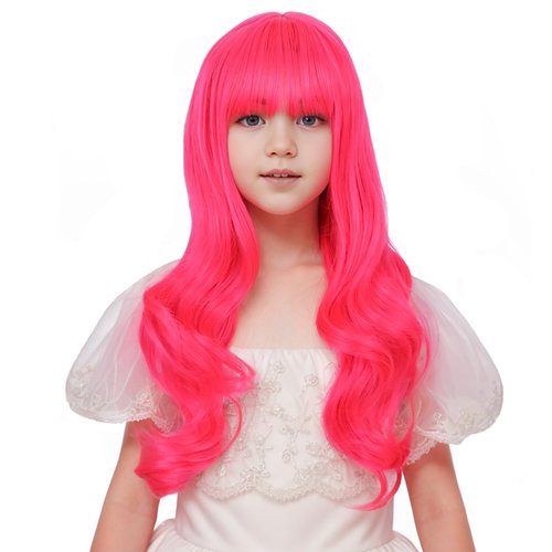 Edivd Rose Red Wig for Girls Kids Long Hot Pink Wig Neon Pink Wavy Curly Wig for Child Long Magen...