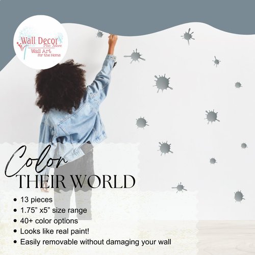 Paint Splatter Decal Set - Metallic Silver Paint Splash Stickers - Removable Paint Splatter Stickers - Wall Decals Peel and Stick Kids -Daycare Decor Art Classroom Decor Kids Bathroom Sets - 13pc