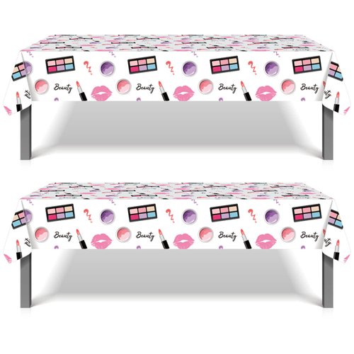 MIKIMIQI 2 Pack SPA Makeup Party Decorations Spa Table Decorations Pink Cosmetic Themed Table Covers Birthday Party Table Runner Makeup Tablecloth for Women Girls Party Supplies, 52 X 87in