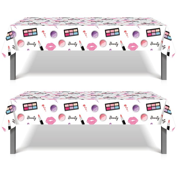 MIKIMIQI 2 Pack SPA Makeup Party Decorations Spa Table Decorations Pink Cosmetic Themed Table Covers Birthday Party Table Runner Makeup Tablecloth for Women Girls Party Supplies, 52 X 87in