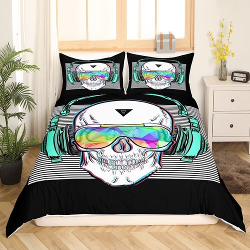 Feelyou Boys Comforter Cover Set Skull Bedding Set Twin for Kids Teens Funny Skeleton Bones Print Duvet Cover Stripes Punk Rocker Headphones Skull Bedspread Cover with Pillow Shams Microfiber 2 Pcs