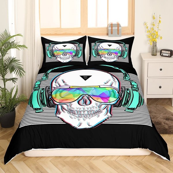Feelyou Boys Comforter Cover Set Skull Bedding Set Twin for Kids Teens Funny Skeleton Bones Print Duvet Cover Stripes Punk Rocker Headphones Skull Bedspread Cover with Pillow Shams Microfiber 2 Pcs