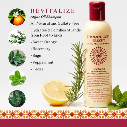 Moroccan Elixir Revitalize Argan Oil Shampoo, Paraben and Sulfate Free Shampoo Repairs Dry, Damaged, Color-treated Hair, Tames Frizz and Promotes Growth For Strong, Shiny Hair (8.5oz)