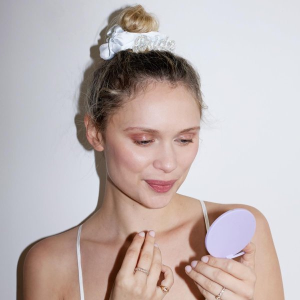 xo, Fetti Ivory XL Bride Rhinestone Scrunchie - Satin Hair Tie | Bachelorette Party Accessory, Bride to Be Favor, Bridal Shower Headwear, Bridesmaid Gift, Wedding Supplies, Engagement Decorations