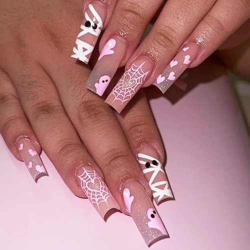 Halloween Press on Nails Long Coffin Fake Nails Halloween Cute Ghost Heart with Glitter Design Glossy Acrylic Nails Full Cover Nude False Nails Holiday Manicure Accessories kit for Women and Girls