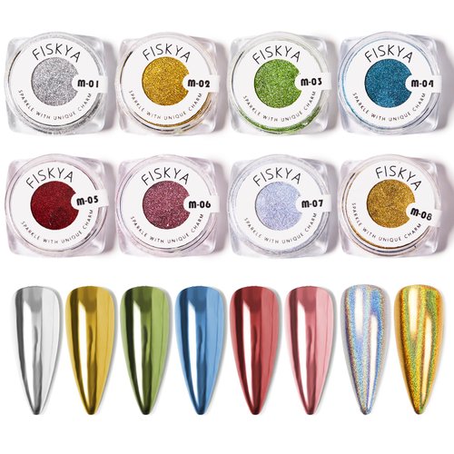 Fiskya Chrome Nail Powder Mirror Effect Holographic Laser Iridescent Nail Art Decoration Glitter Powder, Silver Gold Red Green Blue Pink and Laser Silver Laser Gold, 8 Colors 1g or 0.8g/Jar