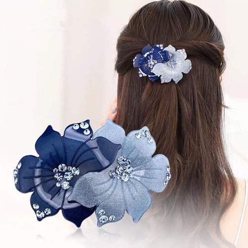 TOP SEWING Crystal Rhinestones Women Barrettes French Hair Clip Vintage Spring Hair Clips for Long hair Double-color Blue