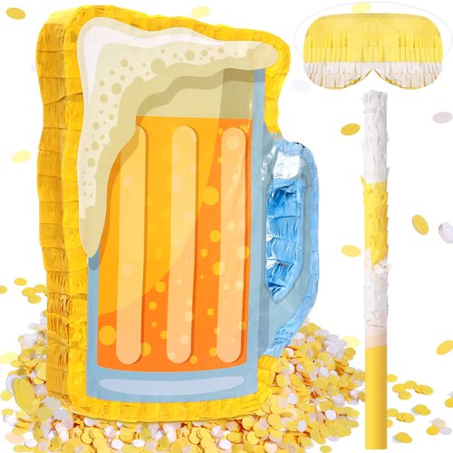 Sratte Beer Pinata with Stick and Blindfold Confetti Beer Glass Pinata Cheers to Beers Mug Pinata Hanging Decoration Mexican Pinatas for Adult Birthday Bachelor Party Game Supplies (Lovely)