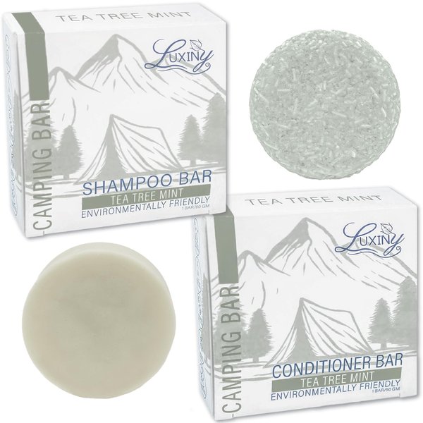 Luxiny Tea Tree Mint Shampoo and Conditioner Bar Set - 1 Sulfate Free Shampoo Bar (60g), 1 Deep Conditioner Bar (50g) for All Hair Types, Made in USA