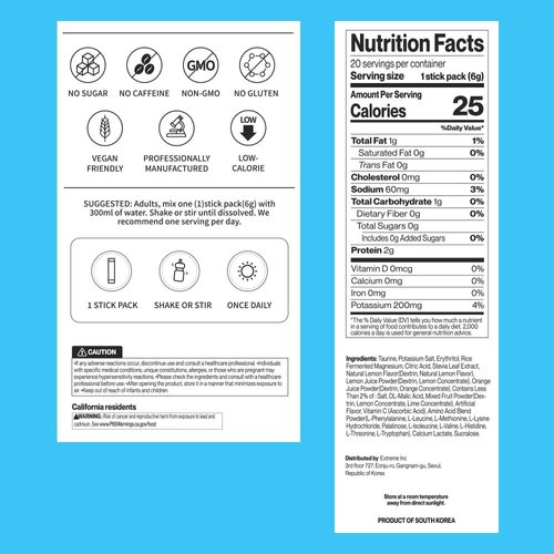 Extreme Electrolyte Drink Mix with Sodium 60mg, Potassium 200mg, Taurine - Hydration Powder, Zero Sugar, Zero Caffeine, Non GMO, Zero Gluten, Low Calorie, Lemon Flavor (20 Packets, 20 Days Supply)