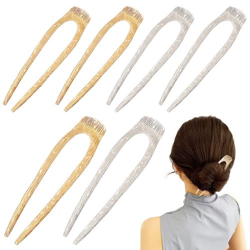 6 PCS 2 Sizes U-Shaped Hair Pins French Hair Forks Tortoise Shell Metal U Shape Hair Sticks for Thin Thick Hair Women Vintage Hairstyle Accessories