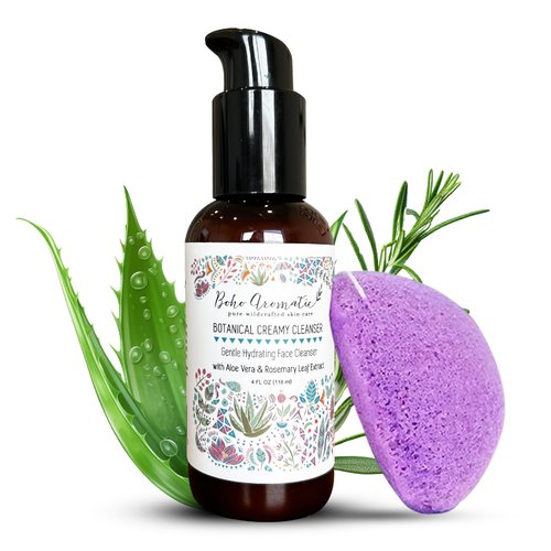 Boho Aromatic Botanical Cream Face Cleanser and Konjac Sponge, Gentle Non-Foaming Face Wash, Anti Aging Facial Cleanser, Natural & Organic, Daily Facial Cleanser, Facial Care Products