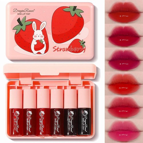 BliBling 6 Colors Lip Tint Stain Mini Liquid Lipstick,Strawberry Lip Tint Moisturizing Natural Lip Gloss,Multi-Use Lip and Cheek Tint,Non-Stick Cup,Lightweight,Vivid Color Lip Makeup