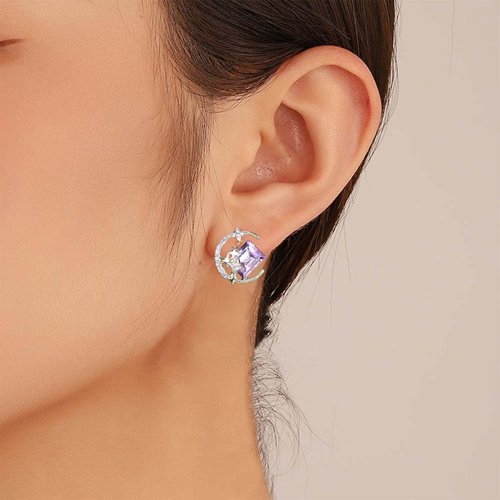 Sttiafay Vintage Purple Crystal Moon Earrings Amethyst Square Stud Earrings Rhinestone Crescent Earrings Gold Cz Star Stud Earrings Jewelry for Women