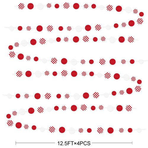 Red Party Decorations White Red Checkered Circle Dots Streamer Hanging Paper Polka Dot Garland for Birthday Baby Shower Wedding Bachelorette Christmas Carnival Circus Picnic Party Decorations Supplies
