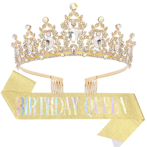 "BIRTHDAY QUEEN" Sash and Tiara for Women Crystal Tiara and Satin Kit for Girl Rhinestones Crown with Comb Glitter Hair Accessories for Prom Party Decoration Cake Topper Accessory Set with Pin (Gold