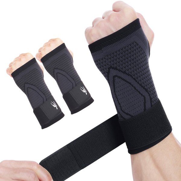 HiRui 2-Pack Wrist Brace Wrist Wraps, Hand Compression Sleeves with Wrist Straps Support for Fitness Weightlifting MTB Tendonitis Carpal Tunnel Arthritis Pain Relief (Black, Medium)