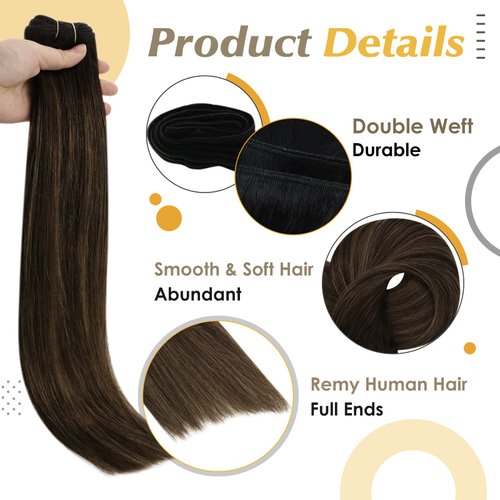 Full Shine Balayage Weft Hair Extensions Human Hair 14 Inch Sew in Hair Extensions Real Human Hair Color 2 Dark Brown Fading to 8 Brown Highlight 2 Weft Human Hair Extensions 100G