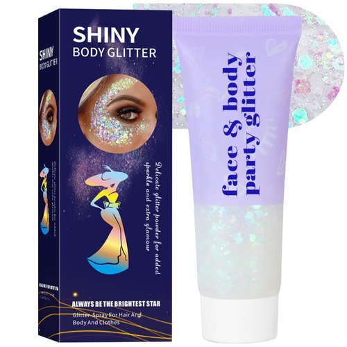 Body Glitter Gel,Face Glitter Body Gel Singer Concerts Makeup,Sparkling Holographic Gel Long Lasting Chunky Sequins Glitter for Eye Lip Hair Nails,Festival Rave Accessories Halloween Makeup (1White)