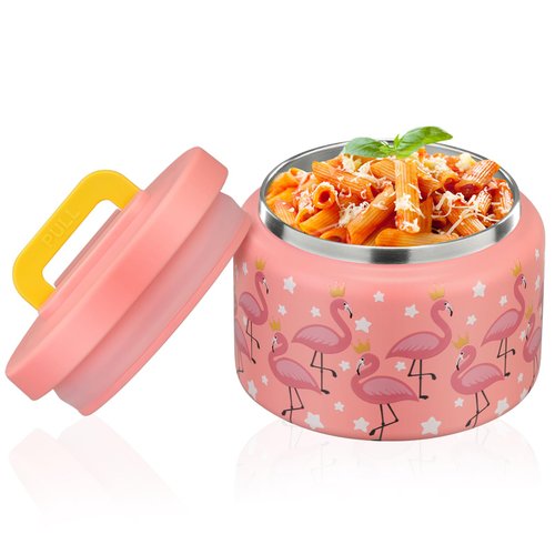 PIQUEBAR 8 Ounce Kids Thermo For Hot Food Vacuum Soup Thermo Insulted Food Jar, Lunch Container Food Thermo for School, Travel, Stainless Steel(Pink Flamingos)