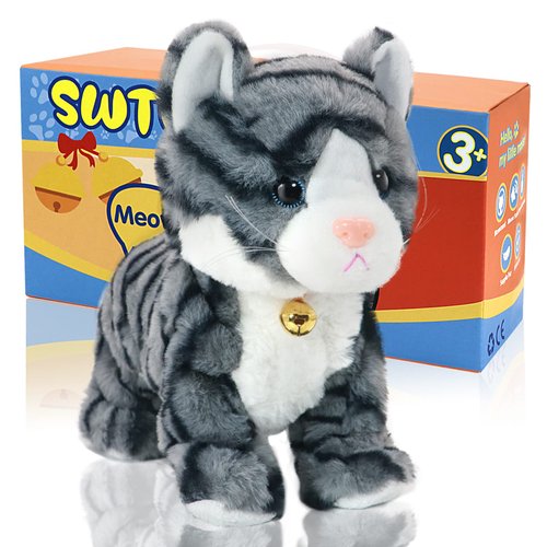 SWTOIPIG Interactive Plush Cat Toys for Kids, Reliable Robotic Electronic Cats Sound and Touch Control, Realistic Soft Plush Toy Cat That Walks and Meow Box, Kitty Toys Gift