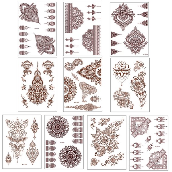 10 Pcs Henna Tattoo Kit Temporary Tattoo Adul Stickers Lace Pattern Fake Tattoos Henna Sticker for Women Girls DIY on Body Face Arms Legs