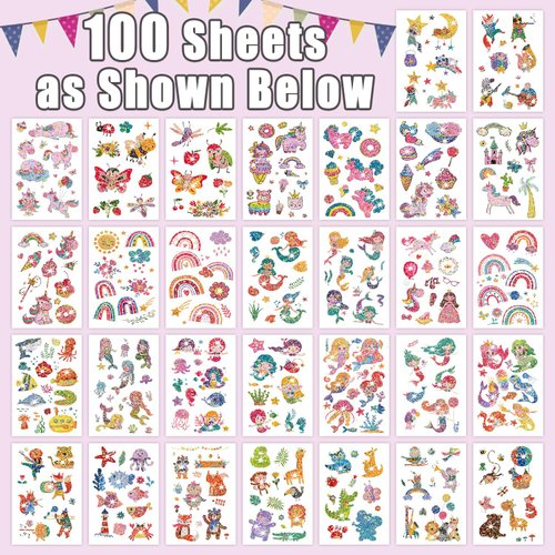 Partywind 1180 Mixed Styles Glitter Temporary Tattoos for Kids, 100 Sheets Tattoo Stickers for Party Supplies Favors, Surprise Dinosaur Mermaid Space Tattoos for Boys Girls Goodie Bag Stuffers