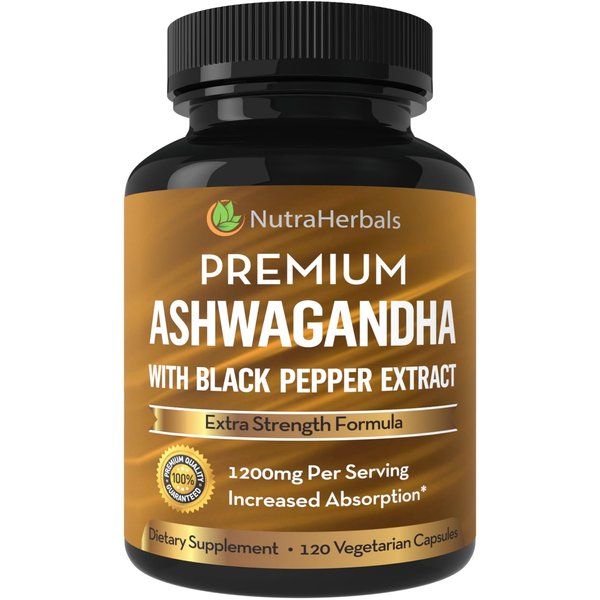 NUTRAHERBALS Ashwagandha Supplement Made with Premium Ashwaganda Root Powder 1200mg with Black Pepper Extract for Increased Absorption - 120 Vegi Capsules