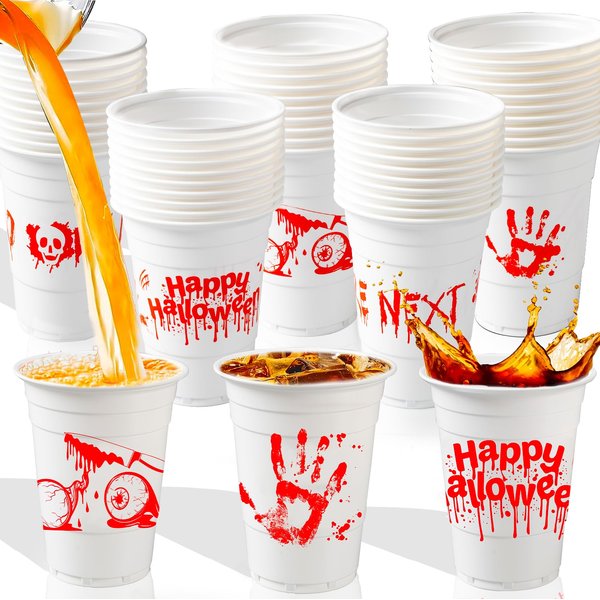 50Pcs Halloween Solo Cups for Party Decorations, 16 Oz Halloween Plastic Disposable Cups with Scary Bloody Hands Print for Kids Adults Halloween Party Supplies Favors
