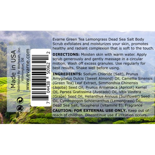 Evarne Green Tea Lemongrass Dead Sea Salt Body Scrub with 7 Essential Oils and Vitamin E
